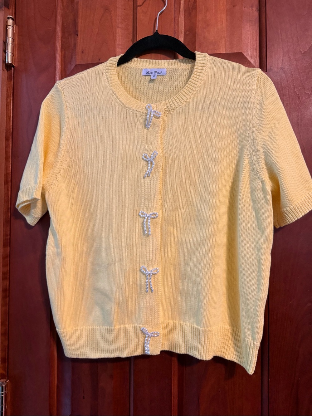 White Birch Yellow Short-Sleeve Bow Cardigan Sweater -